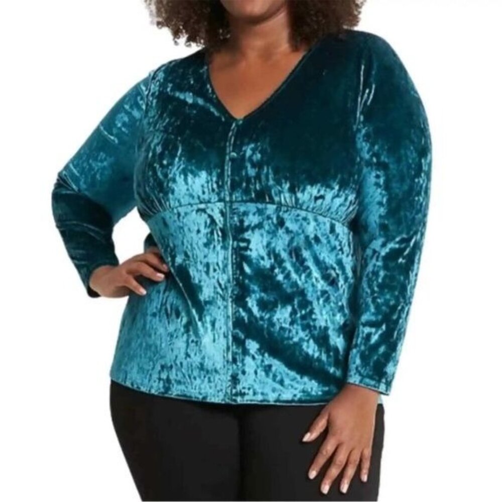 Lane Bryant Womens Plus Size 22/24 Teal crushed Velvet V-Neck Long Sleeve Top